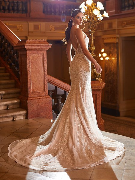 Moonlight Couture H1480 Beaded Illusion V-Back With Straps Bridal Gown And Floral Lace Chapel Train With Buttons Along Zipper Moonlight Couture H1480 Beaded Illusion V-Back With Straps Bridal Gown And Floral Lace Chapel Train With Buttons Along Zipper