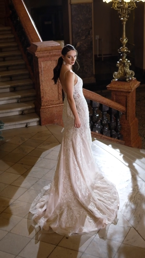 Moonlight Couture H1480 Glitter Patterned V-Neck Beaded Floral Lace Mermaid Wedding Gown With Straps & Beaded Illusion V-Back Moonlight Couture H1480 Glitter Patterned V-Neck Beaded Floral Lace Mermaid Wedding Gown With Straps & Beaded Illusion V-Back