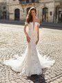 Moonlight Couture H1481 romantic lace wedding dresses with sleeves and beading make a statement.