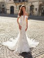 Moonlight Couture H1481 Floral Lace Appliques and Sequins Lace Fabric Fitted Mermaid with Swag Sleeves Moonlight Couture H1481 Floral Lace Appliques and Sequins Lace Fabric Fitted Mermaid with Swag Sleeves