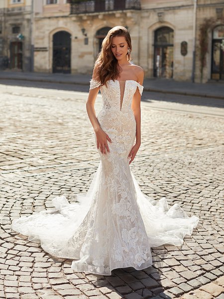 Moonlight Couture H1481 Floral Lace Appliques and Sequins Lace Fabric Fitted Mermaid with Swag Sleeves Moonlight Couture H1481 Floral Lace Appliques and Sequins Lace Fabric Fitted Mermaid with Swag Sleeves