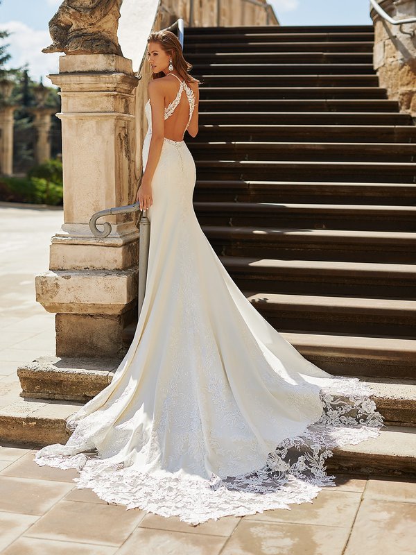 Moonlight Couture H1485 Stunning Keyhole Back Divina Crepe and Net Mermaid with Cutout Lace Train Moonlight Couture H1485 Stunning Keyhole Back Divina Crepe and Net Mermaid with Cutout Lace Train