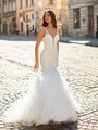 Moonlight Couture H1486 V-Neck with Illusion Inset Fitted Mermaid with Layered Skirt Moonlight Couture H1486 V-Neck with Illusion Inset Fitted Mermaid with Layered Skirt