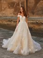 Moonlight Couture H1487 Romantic Beaded Lace Appliques and Tulle Full A-Line with Cap Sleeves Moonlight Couture H1487 Romantic Beaded Lace Appliques and Tulle Full A-Line with Cap Sleeves