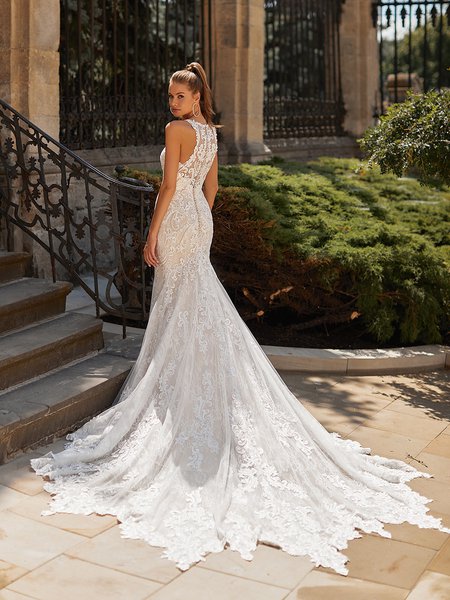 Moonlight Couture H1489 Sleeveless Beaded Lace Appliques Mermaid with Semi-Cathedral Train