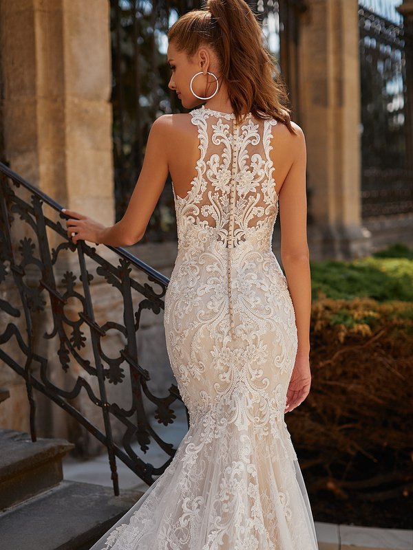 Moonlight Couture H1489 Beautiful Lace Appliques Over Net Illusion Racerback Mermaid Gown