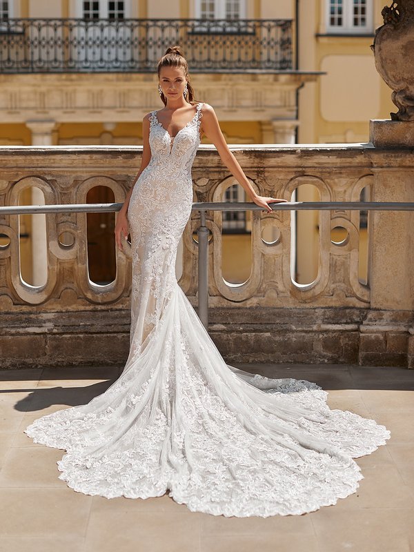 Moonlight Couture H1491 Beautiful Sweetheart Mermaid Gown with Net and Lace Appliques