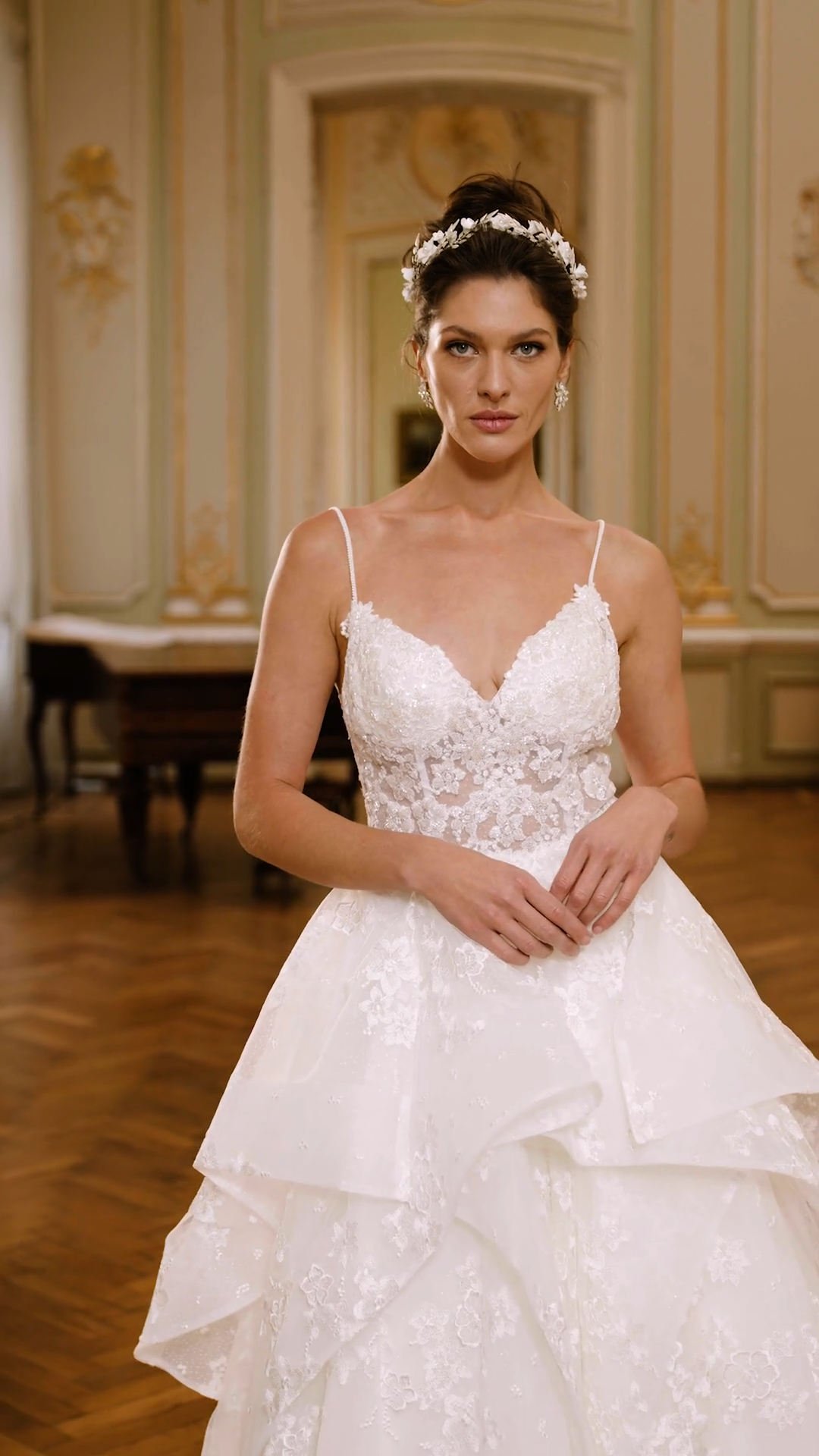 Beautiful Sparkly Fabrics and Lace Appliques Full A-Line Gown with Cascades Moonlight Couture H1502 Beautiful Sparkly Fabrics and Lace Appliques Full A-Line Gown with Cascades Moonlight Couture H1502