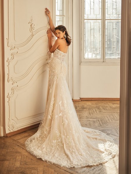 Open Illusion Back Sequin Net and Baroque Lace Appliques with Chapel Train Mermaid Gown Moonlight Couture H1504