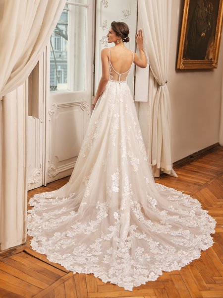 Moonlight Couture H1509 Illusion V-Back Full A-Line Dress with Semi-Cathedral Train Moonlight Couture H1509 Illusion V-Back Full A-Line Dress with Semi-Cathedral Train