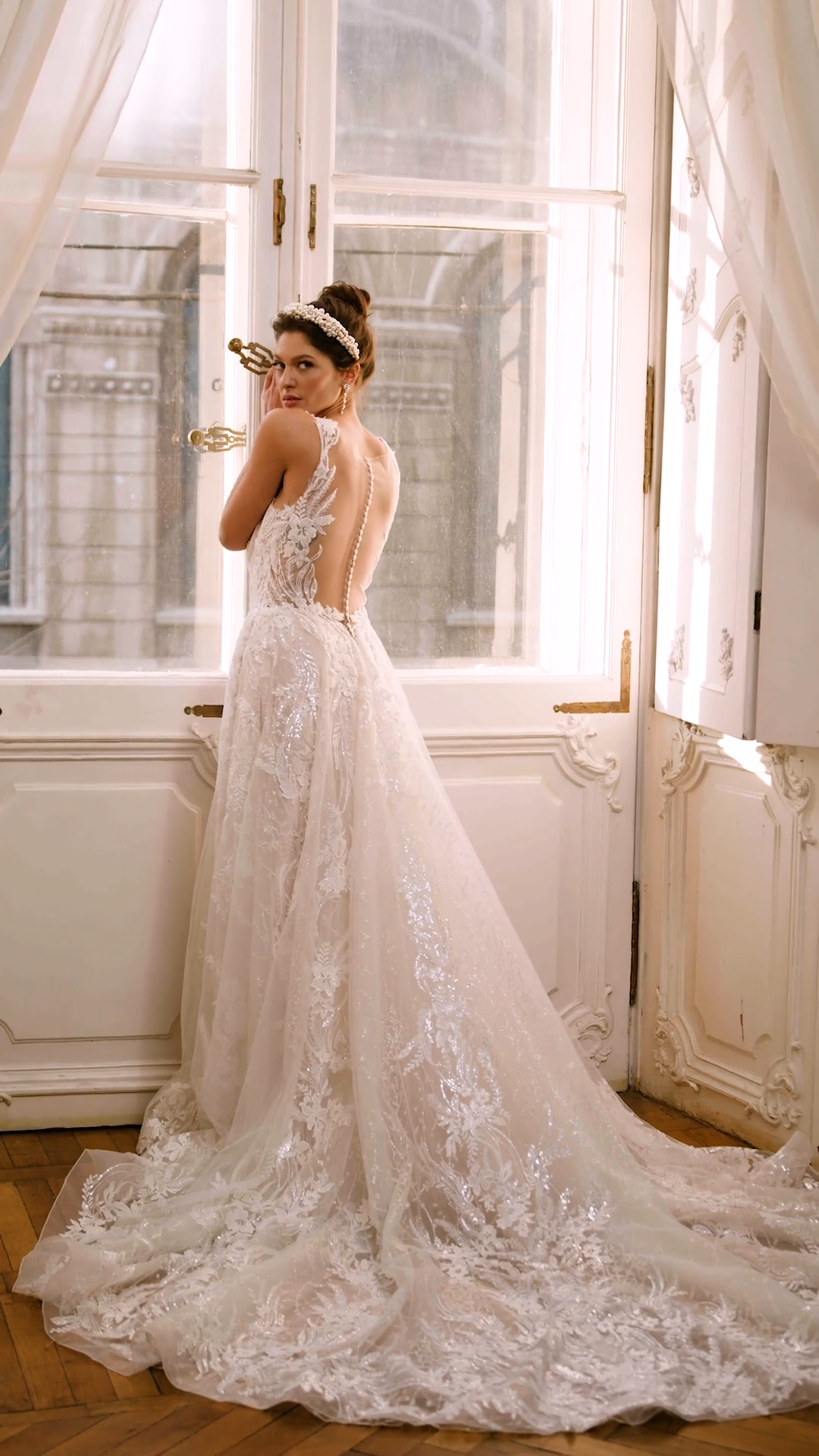 Moonlight Couture H1510 Beautiful Unlined Sweetheart and Illusion Bateau Back A-Line with Chapel Train