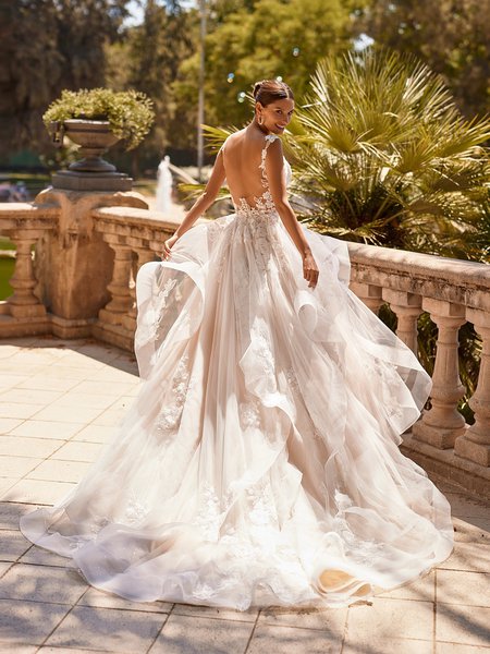 Moonlight Couture H1521 Illusion Scoop Back Full A-Line Wedding Dress with Cascades Chapel Train
