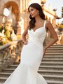 Moonlight Couture H1523 Sophisticated Ruched Bodice Satin Mermaid with Surplice Sweetheart and Cap Sleeves