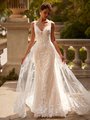 Moonlight Couture H1525 romantic lace wedding dresses with sleeves and beading make a statement.