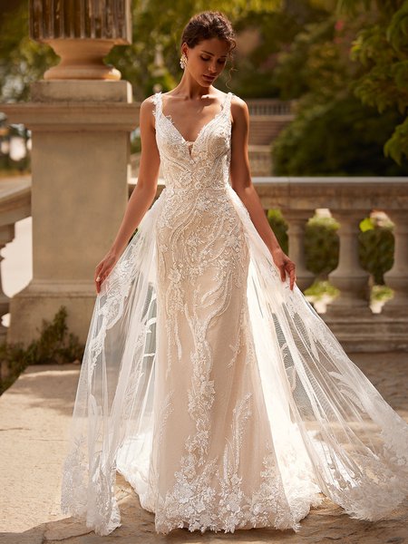 Moonlight Couture H1525 romantic lace wedding dresses with sleeves and beading make a statement. Moonlight Couture H1525 romantic lace wedding dresses with sleeves and beading make a statement.