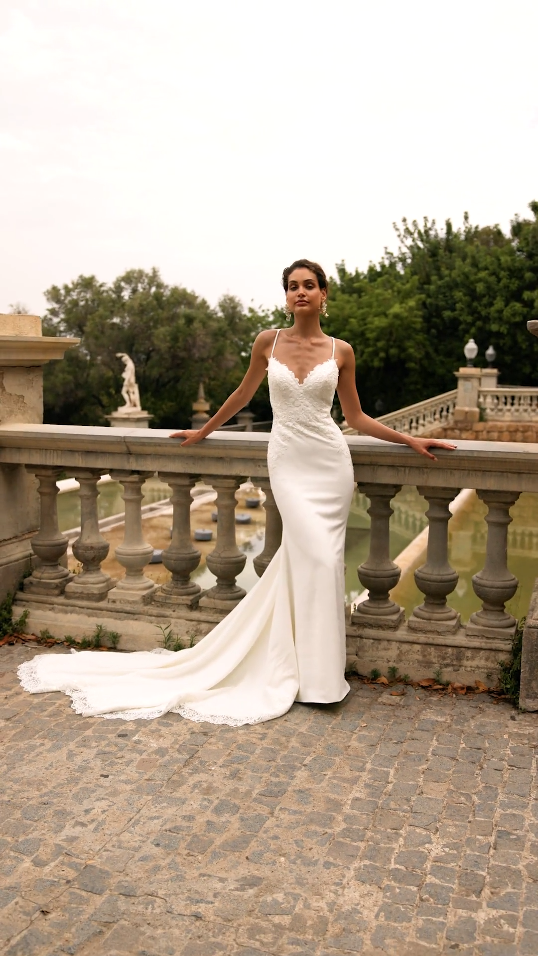 Moonlight Couture H1526 Elegant Crepe and Chantilly Lace Deep Sweetheart Mermaid with Cutout Lace Train Moonlight Couture H1526 Elegant Crepe and Chantilly Lace Deep Sweetheart Mermaid with Cutout Lace Train