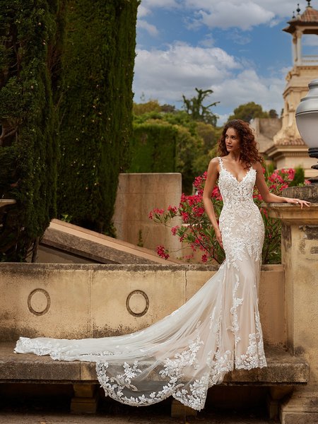 Moonlight Couture H1527 Deep V-Neck with Lace Trimmed Straps Unlined Lace Appliques over Tulle Bodice Moonlight Couture H1527 Deep V-Neck with Lace Trimmed Straps Unlined Lace Appliques over Tulle Bodice