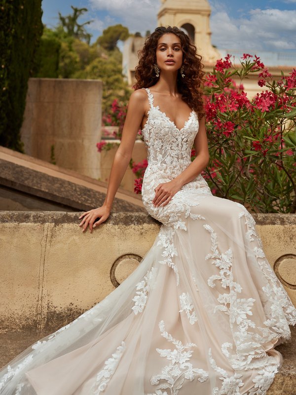 Moonlight Couture H1527 Romantic Deep V-Neck with Lace Straps Mermaid with Sparkly Lace Appliques