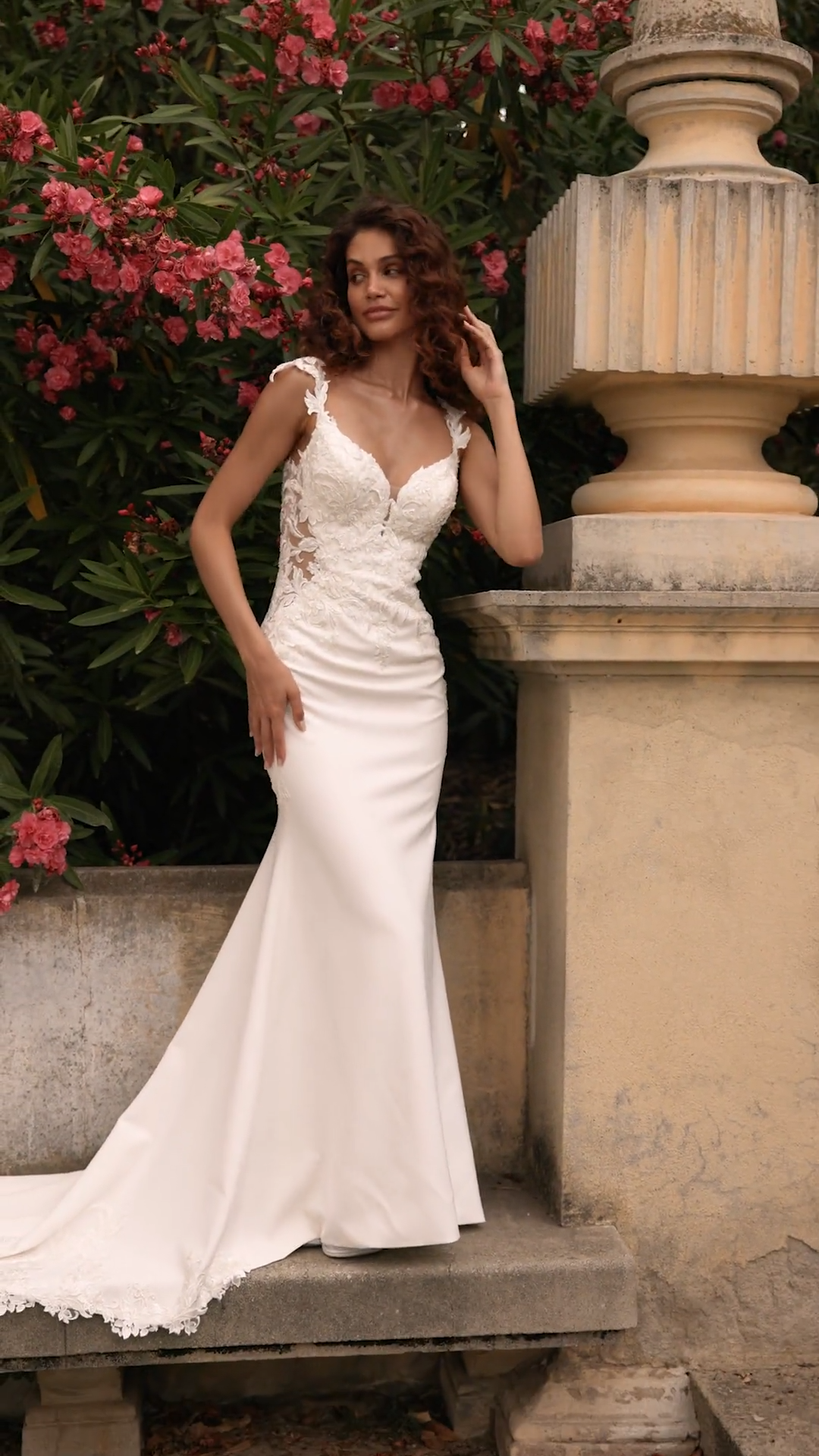 Moonlight Couture H1529 Lace Cap Sleeve Deep Sweetheart Crepe Mermaid Wedding Dress