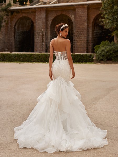Moonlight Couture H1531 Open Illusion Back with Half Lace-Up Tie Mermaid with Horsehair Trim Chapel Cascades Train Moonlight Couture H1531 Open Illusion Back with Half Lace-Up Tie Mermaid with Horsehair Trim Chapel Cascades Train