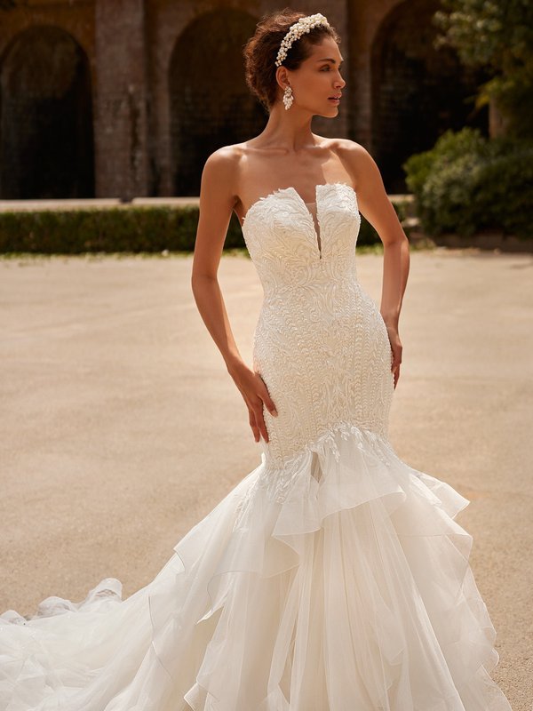 Moonlight Couture H1531 Glamorous Beaded Lace Trim Appliques Mermaid with Strapless Open Necklines