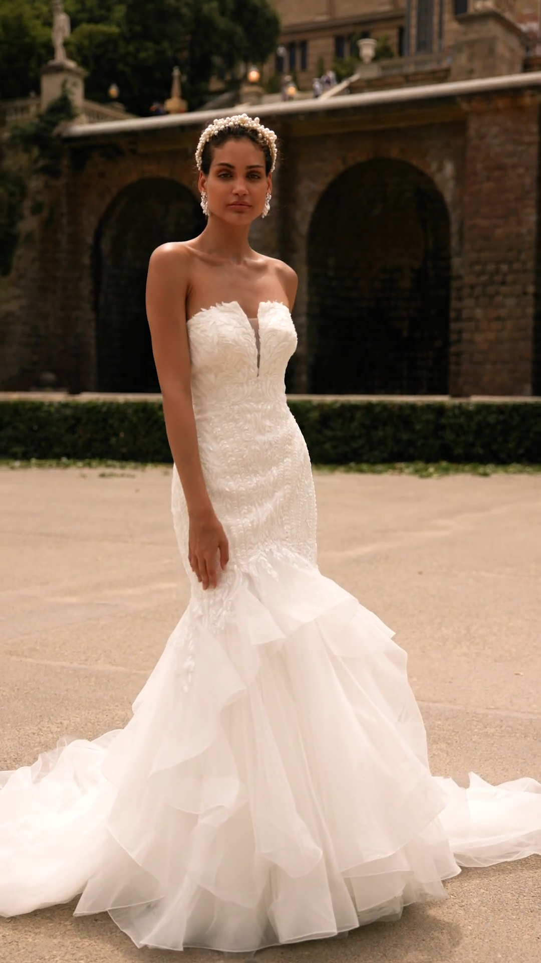 Moonlight Couture H1531 Trendy Mermaid with Cascades in Sparkle Tulle and Embroidered Lace Appliques Moonlight Couture H1531 Trendy Mermaid with Cascades in Sparkle Tulle and Embroidered Lace Appliques