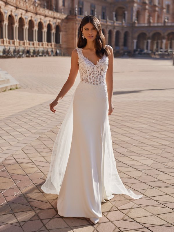 Moonlight Couture H1541 Unlined Deep V-Neck with Cap Sleeves Crepe Mermaid Wedding Dress