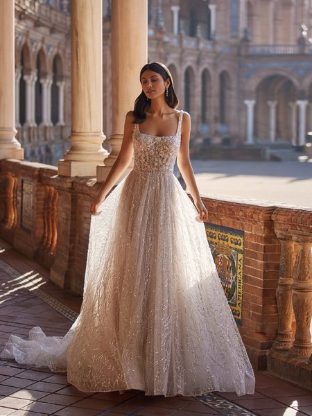 Moonlight Couture H1542 Romantic Unlined Square Neck and Embroidered Beaded Tulle A-Line Wedding Dress Moonlight Couture H1542 Romantic Unlined Square Neck and Embroidered Beaded Tulle A-Line Wedding Dress