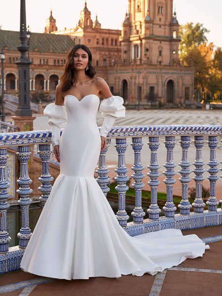 Elegant Sweetheart Stretch Mikado Mermaid with Detachable Long Puff Sleeves Moonlight Couture H1543 Elegant Sweetheart Stretch Mikado Mermaid with Detachable Long Puff Sleeves Moonlight Couture H1543