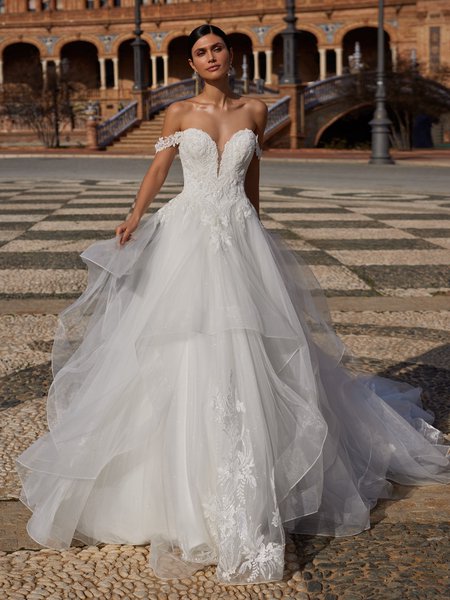 Sweetheart with Detachable Swag Sleeves A-Line with Tulle Cascades Bridal Gown Moonlight Couture H1546 Sweetheart with Detachable Swag Sleeves A-Line with Tulle Cascades Bridal Gown Moonlight Couture H1546