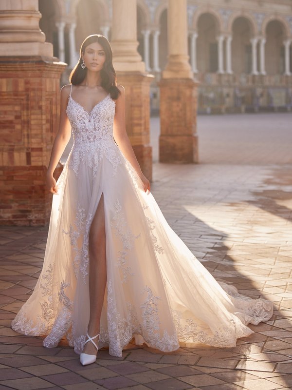 Beaded Lace Appliques and Tulle Unlined Sweetheart Full A-Line with Sexy Leg Slit Moonlight Couture H1547