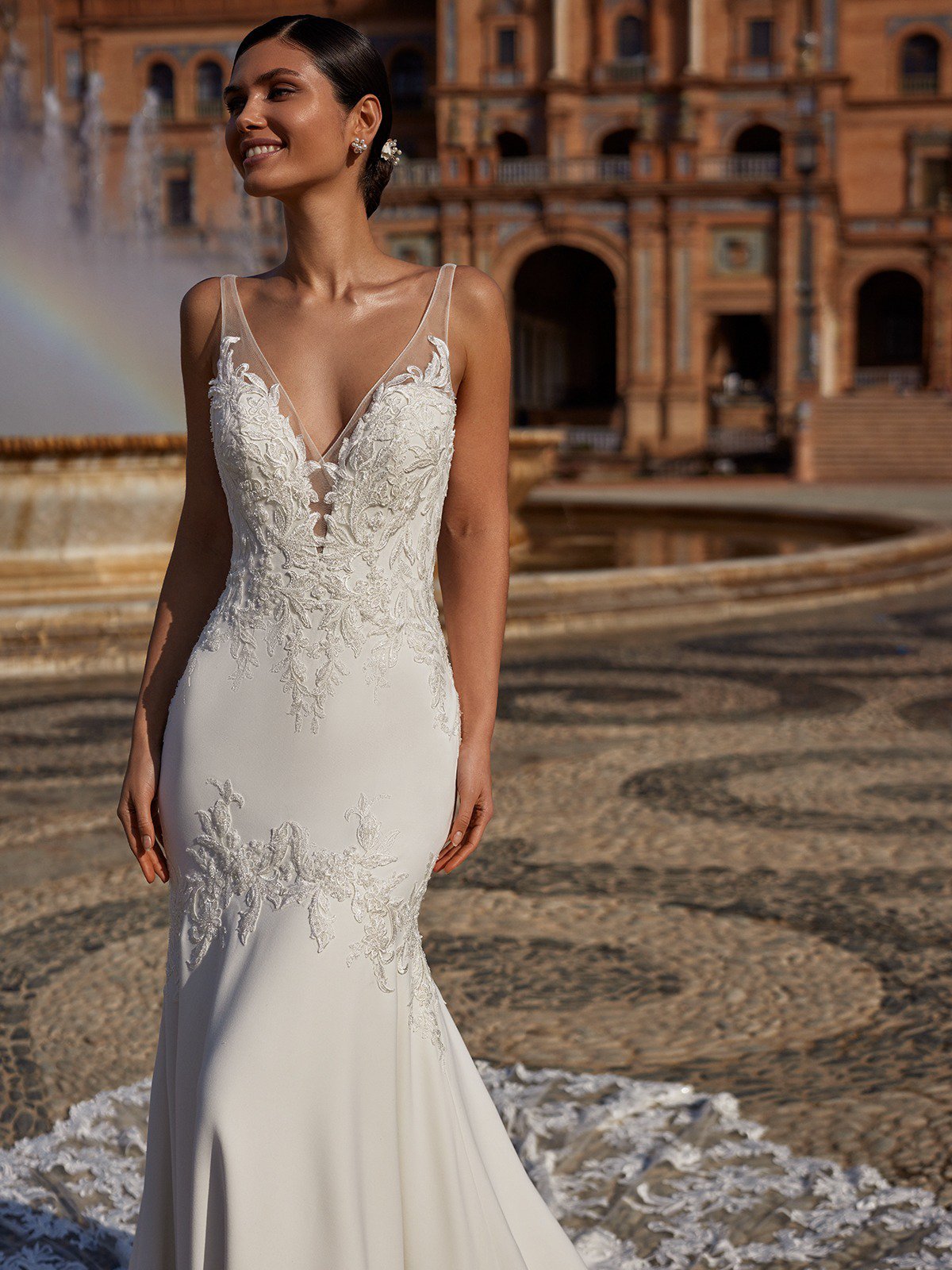 Mermaid Dress With a Cutout Lace Train and Illusion V-Neck