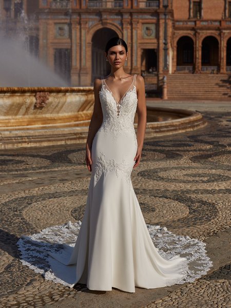 Moonlight Couture H1548 Illusion Surplice V-Neck Net and Crepe Mermaid Bridal Gown Moonlight Couture H1548 Illusion Surplice V-Neck Net and Crepe Mermaid Bridal Gown