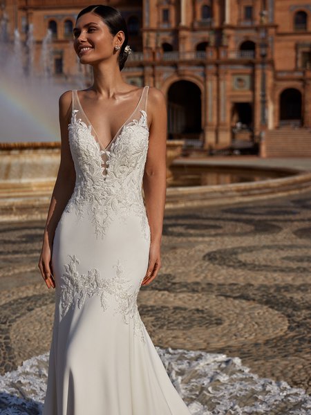 Sexy Illusion Surplice V-Neck Crepe with Sequins Lace Appliques Figure-Hugging Mermaid Moonlight Couture H1548