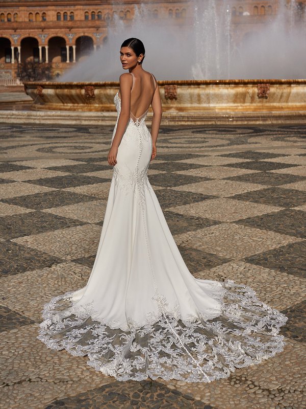 Moonlight Couture H1548 Deep Illusion Back Crepe and Net Mermaid Wedding Dress with Semi-Cathedral Cutout Lace Train