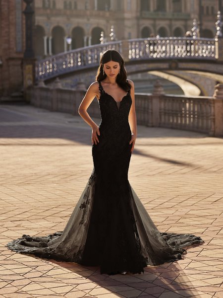 Moonlight Couture H1549B Trendy Black Wedding Dress Featuring Sweetheart Neckline and Lace Appliques Mermaid Wedding Gown 