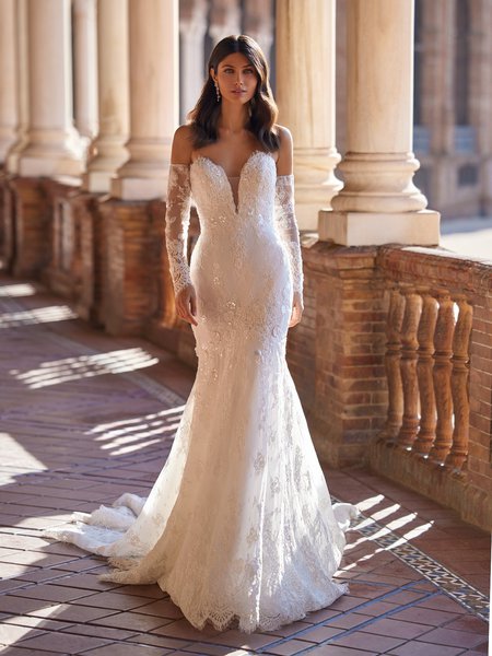 Sweetheart Alencon Lace and 3D Appliques Mermaid Wedding Gown with Detachable Long Sleeves Moonlight Couture H1550 Sweetheart Alencon Lace and 3D Appliques Mermaid Wedding Gown with Detachable Long Sleeves Moonlight Couture H1550