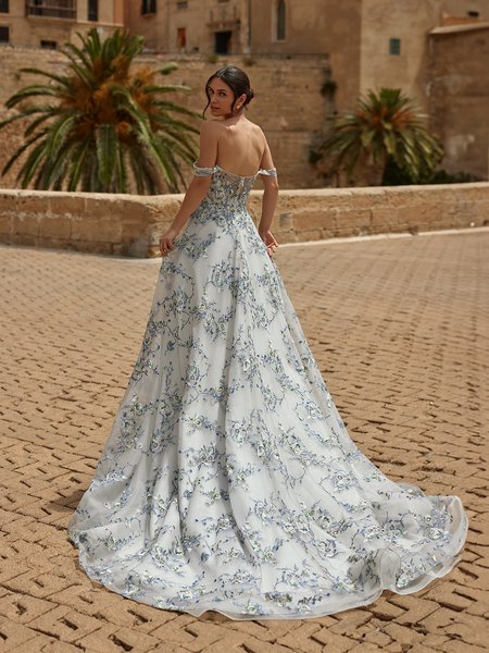 Back View of Blue Wedding Dress With Illusion Back, Crystal Buttons, and Chapel Train