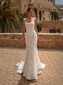 Moonlight Couture H1563 romantic lace wedding dresses with sleeves and beading make a statement.