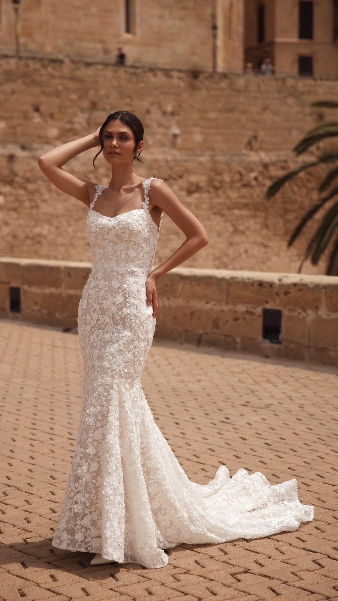 Bride Wearing Moonlight Couture H1563 A Mermaid Wedding Dress With Scoop Neckline and 3D Florals