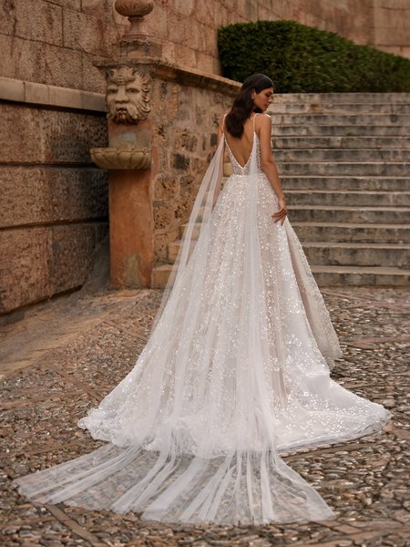 Bride in Beaded Tulle Wedding Dress With Low Back and Detachable Tulle Wings