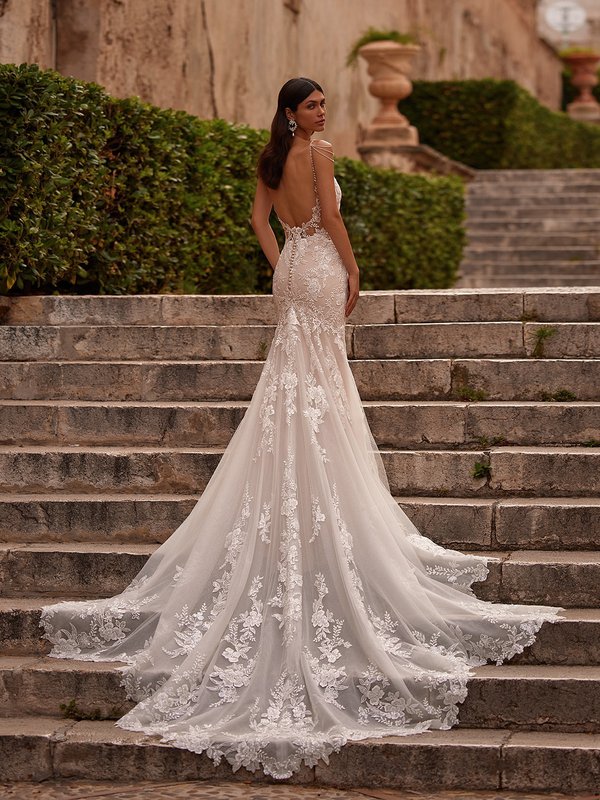 Bride On Stairs In Semi-Cathedral Shaped Train Wedding Dress With Low Back