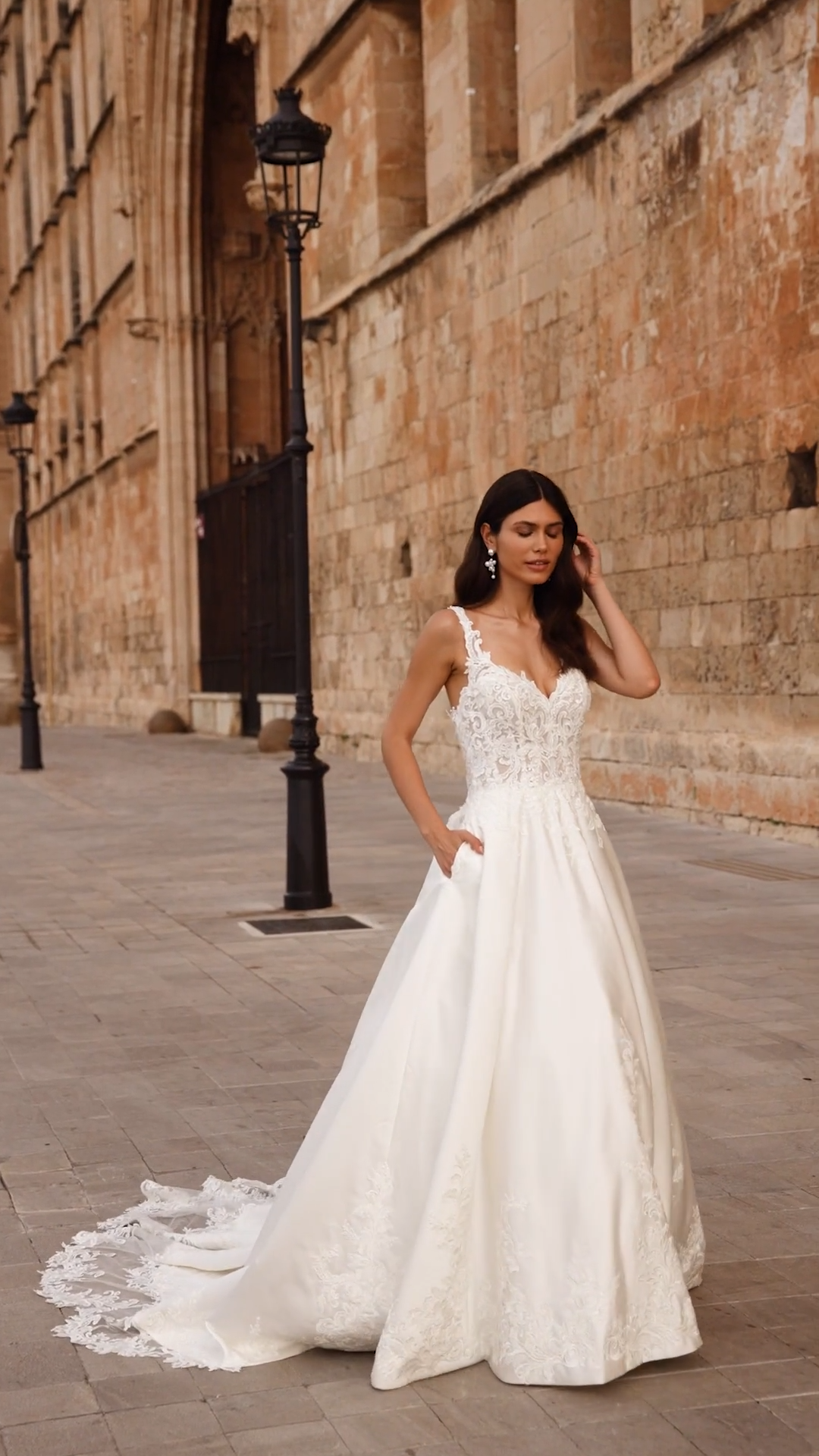 Bride Walking In Classic Satin Ball Gown Wedding Dress with Lace Straps Bride Walking In Classic Satin Ball Gown Wedding Dress with Lace Straps