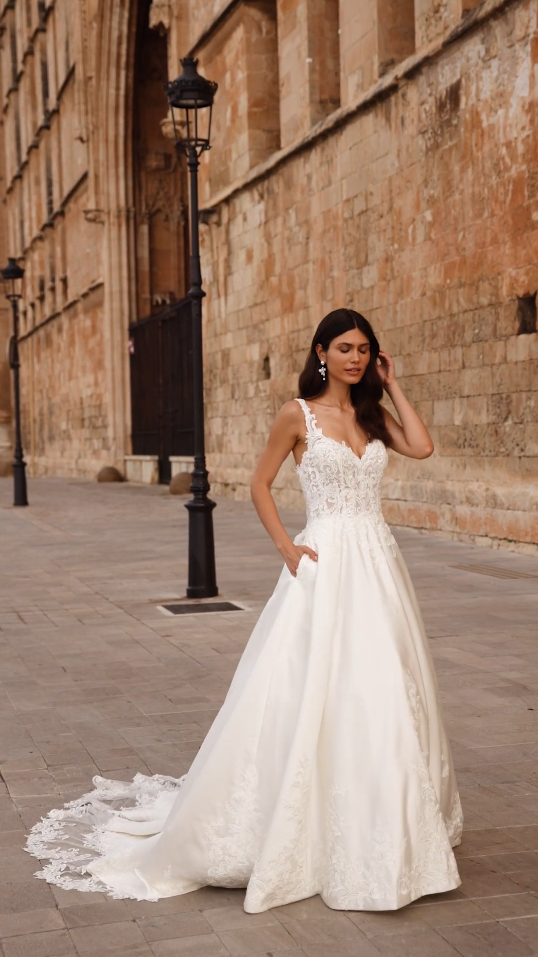 Bride Walking In Classic Satin Ball Gown Wedding Dress with Lace Straps