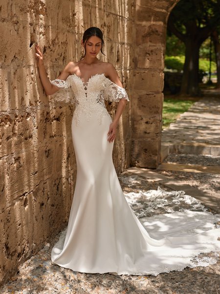 Moonlight Couture H1569 romantic lace wedding dresses with sleeves and beading make a statement. Moonlight Couture H1569 romantic lace wedding dresses with sleeves and beading make a statement.