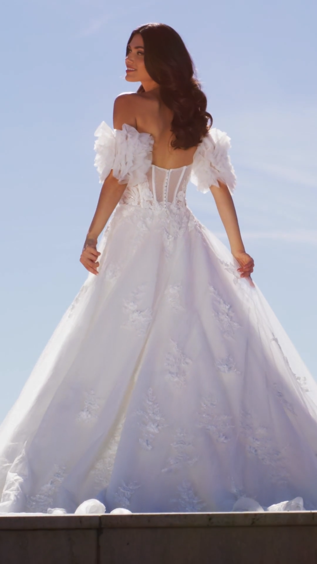 Moonlight Couture H1590 Unlined Sweetheart and Open Back Wrap Skirt A-Line with Detachable Short Sleeves Gown