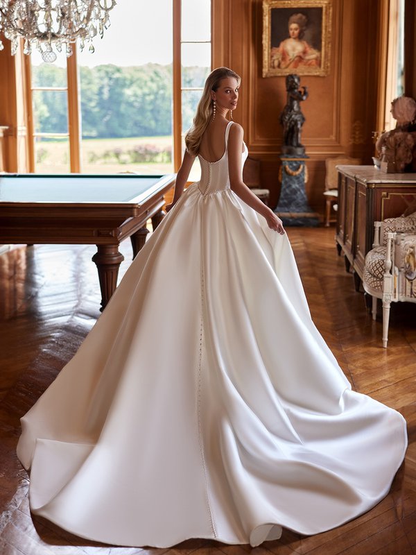 Square Neck Mikado Ball Gown Wedding Dress with Pearl Trim