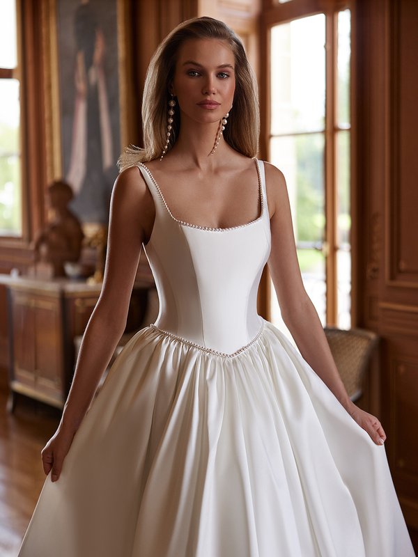 Square Neck Mikado Ball Gown Wedding Dress with Pearl Trim