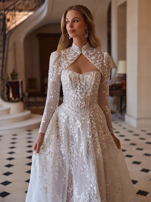 Beaded Tulle and Vine Lace A-line Wedding Dress with Bolero Jacket