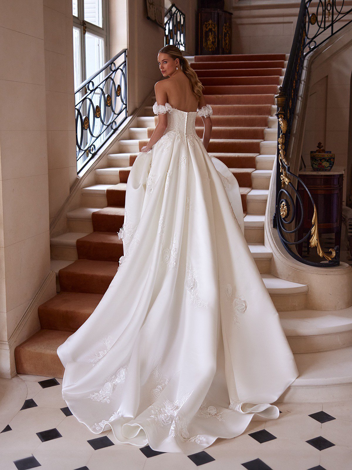 Satin Scoop Neck Ball Gown Wedding Dress with 3D Florals Satin Scoop Neck Ball Gown Wedding Dress with 3D Florals